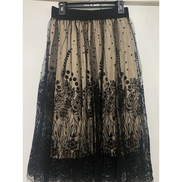 Metro Wear Skirt Black Mesh Floral Overlay Tan Lining Sz PS Elastic Waist 28 - Picture 11 of 14